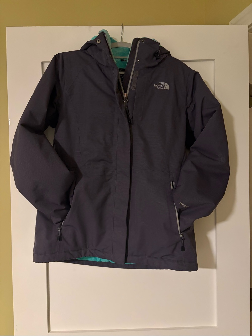 The North Face Womens Hyvent Hooded Winter Parka Coat Large Gray Fleece Lined
